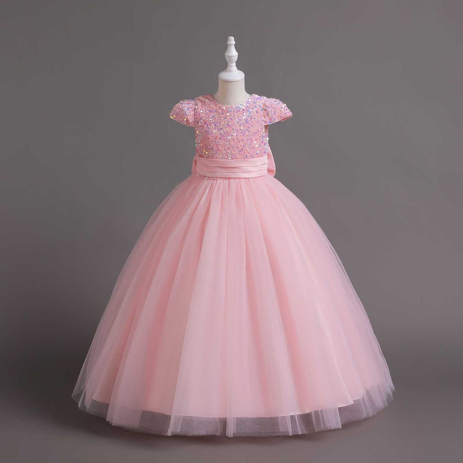 12 14 Yrs Girls Party Dresses Blue Sequined Bow Gala Prom Gown for Children Kids Formal Events Costume Birthday Princess Clothes 240704