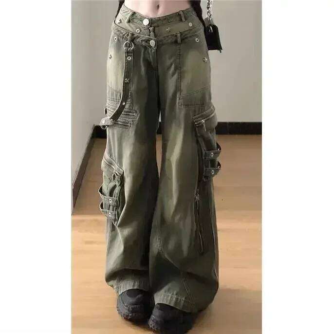 Loose Retro Washed Cargo Streetwear Zipper Baggy Hiphop Straight Pants Multi-pocket Wide Leg Jeans Women