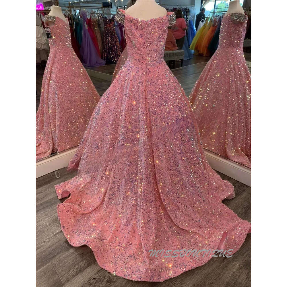 Iridescent Girl Pageant Dress Velvet Sequin Beading Off-Shoulder Little Kid Birthday Formal Party Gown A-Line Toddler Teens Preteen Pink Ivory 0209 Lu
