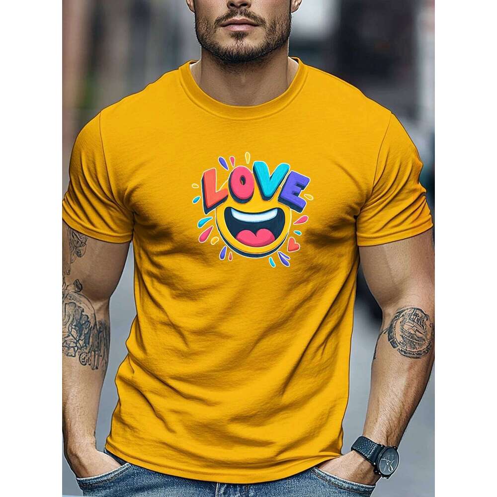 Men's Summer T-Shirt Love Colorful Print Short Sleeve Round Neck Breathable Oversized Sweet Daily Wear X260209