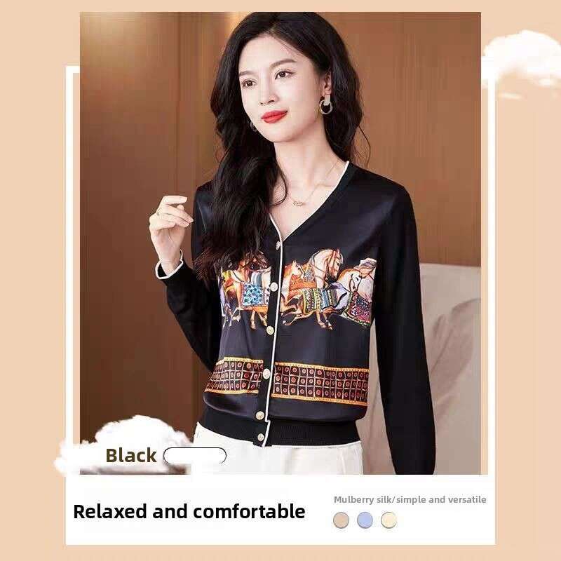 High-End Mom's Clothing Printed Pattern Patchwork Satin Knit Cardigan Spring Summer New Style Outerwear Elegant V-Neck Long Sleeve