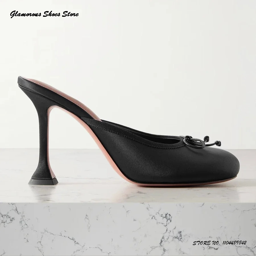 Elegant Womens Bowknot Satin Mules Cute Round Toe Hourglass High Heels Trending Shoes 2025 Spring Summer Banquet Dress Slippers 260208