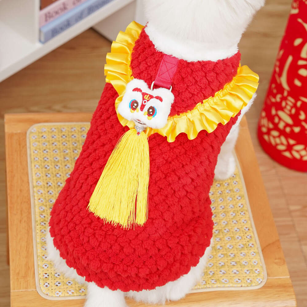 New Year Chinese Style Lion Dance Fleece-Lined Warm Pet Clothes Teddy Plush Tang Suit Dog Supplies Cat Outfit