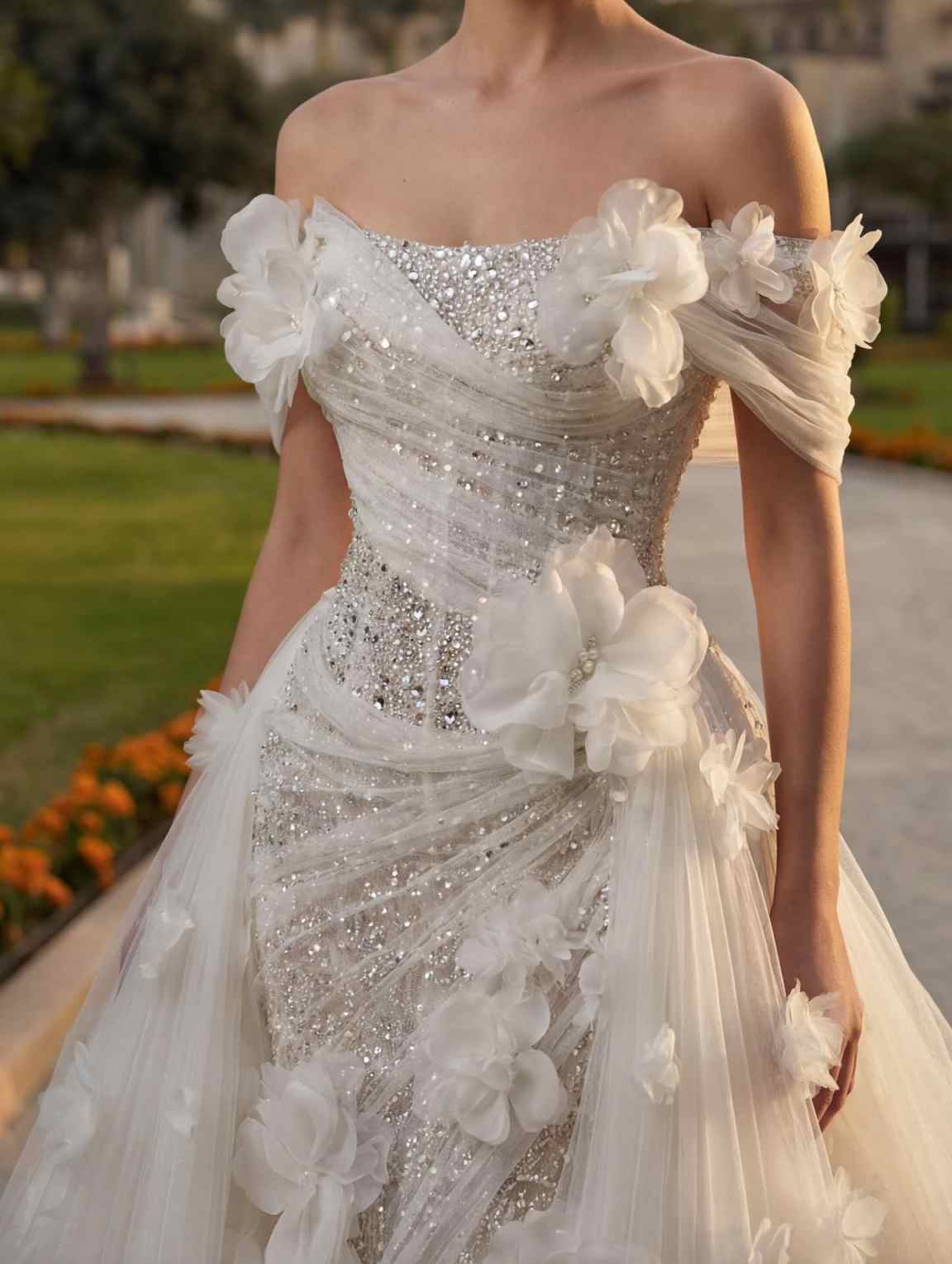 Luxury Vintage Wedding Dresses Off The Shoulder Lace 3D Floral Appliqued Luxury Country Wedding Dress Vestidos De Novia