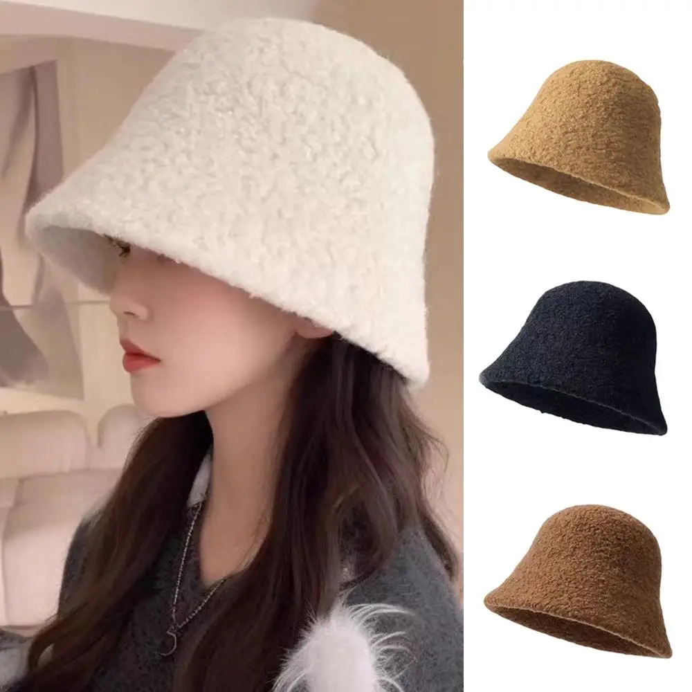 2025 Autumn Winter Wool Bucket Hat Women Fashion Vintage Rabbit Fur Fisherman Hats Soft Warm Wool Basin Cap Korean Panama Hats 260202