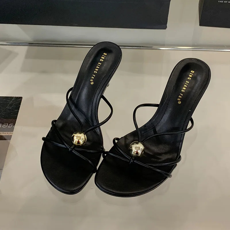 Thin Heels Footwear Slippers Slides Shoes For Women Metal Fashion Round Toe Ladies High Female Sandals 2025 260208