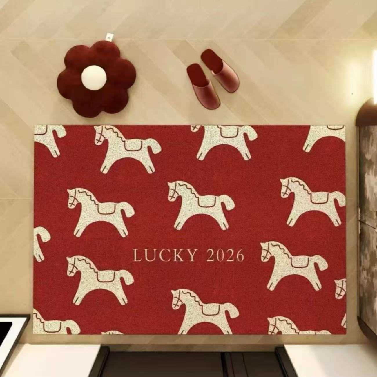 New Years Entryway Mat for the Year of the Horse Red PVC Coil Doormat Non-Slip Wear-Resistant Cuttable Dirt-Scratching Mat S260207