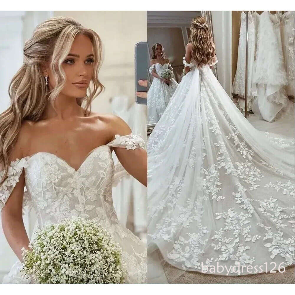 Elegant Off-shoulder Lace Bridal Gown with 3D Floral Appliques, Backless Design, and Long Train - Plus Size Available