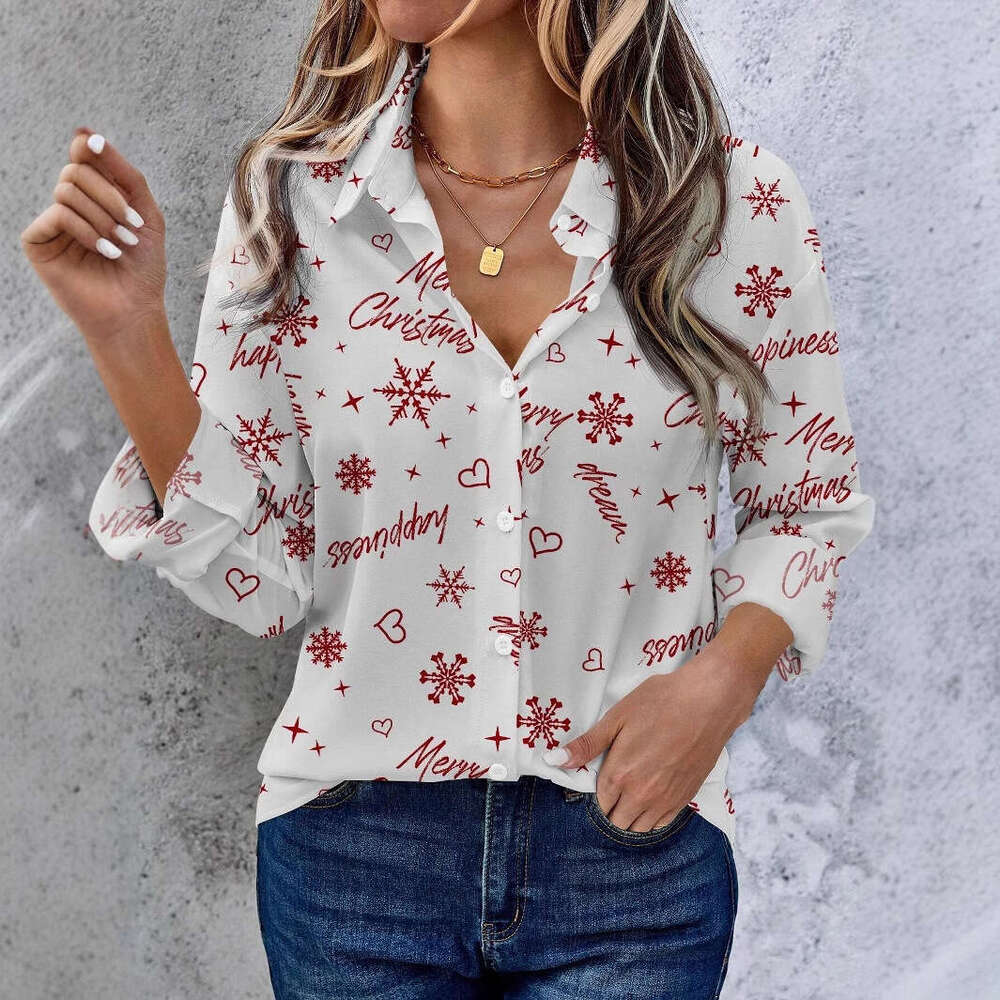 Women's Heart Print Button Down Shirt with V Neck, Long Sleeve Casual Top for Spring Summer Love Heart Print Pattern Office Lady Blouse Shirts