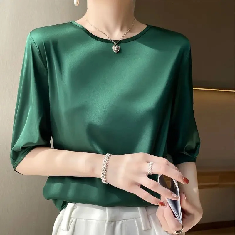 Summer satin Women Blouse Silky Loose Woman Shirt ladys half Sleeve tops Casual solid tshirt ONeck pullover womens clothing 250203