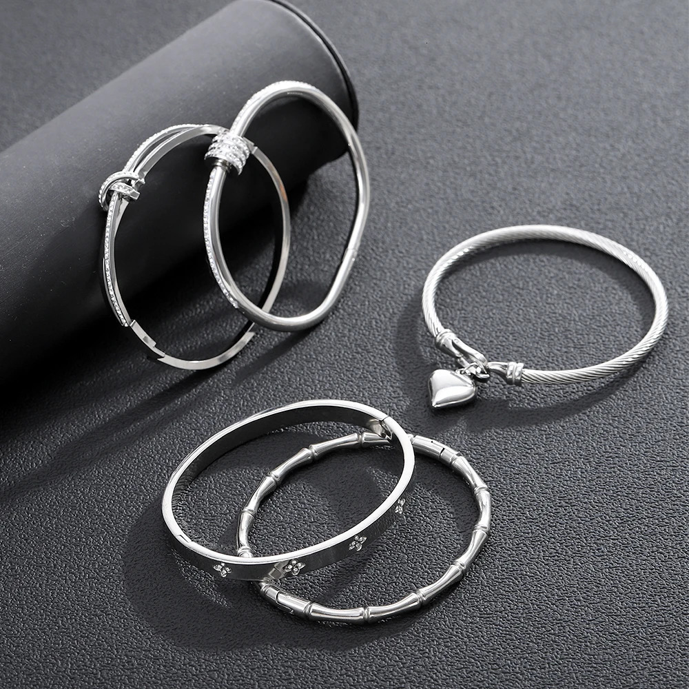 5PCS Classic Fashion Stainless Steel Cuff Bracelets Waterproof Silver Color Love Zircon Bangle Unique Jewelry Gifts 260206