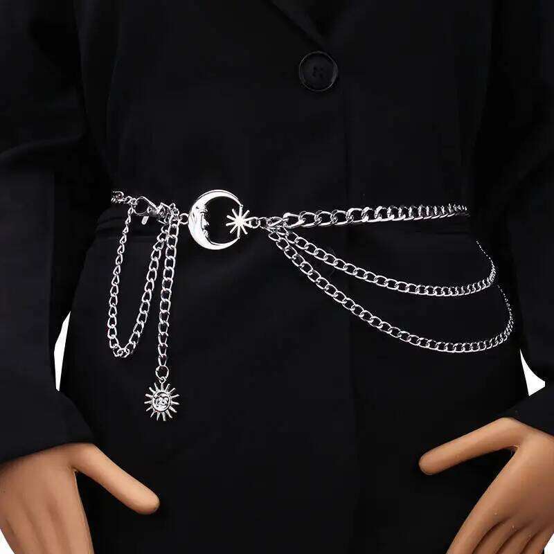 Exaggerated Punk Sun Moon Pendant Waist Simple Thick Multi-layer Stacking Belly Chain Women's Casual Body Jewelry X260209