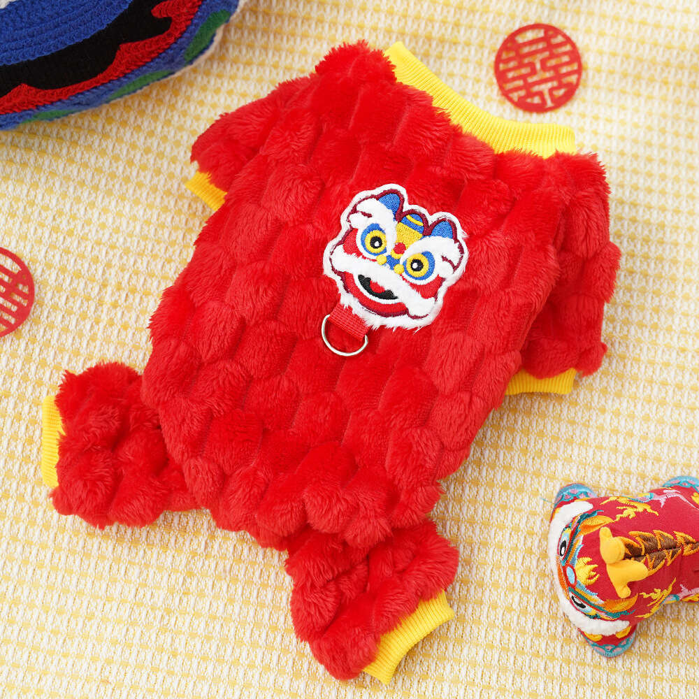 New Year Lion Dance Four-Legged Plush Leash Pet Dog Clothes Cat Supplies Autumn Winter Warm Teddy