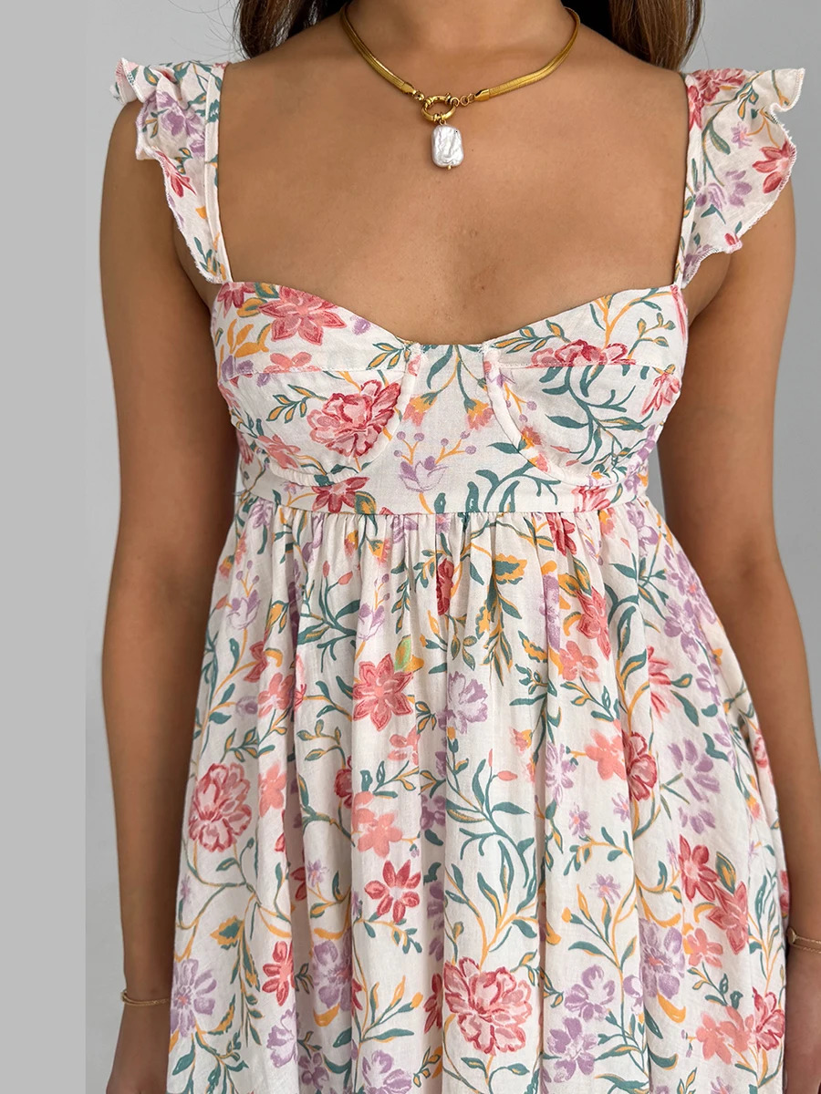 Women V-Neck Maxi Dress Sleeveless Ruffle Floral Print Boho Beach Dress Summer Casual Long Dress with Pockets 260118