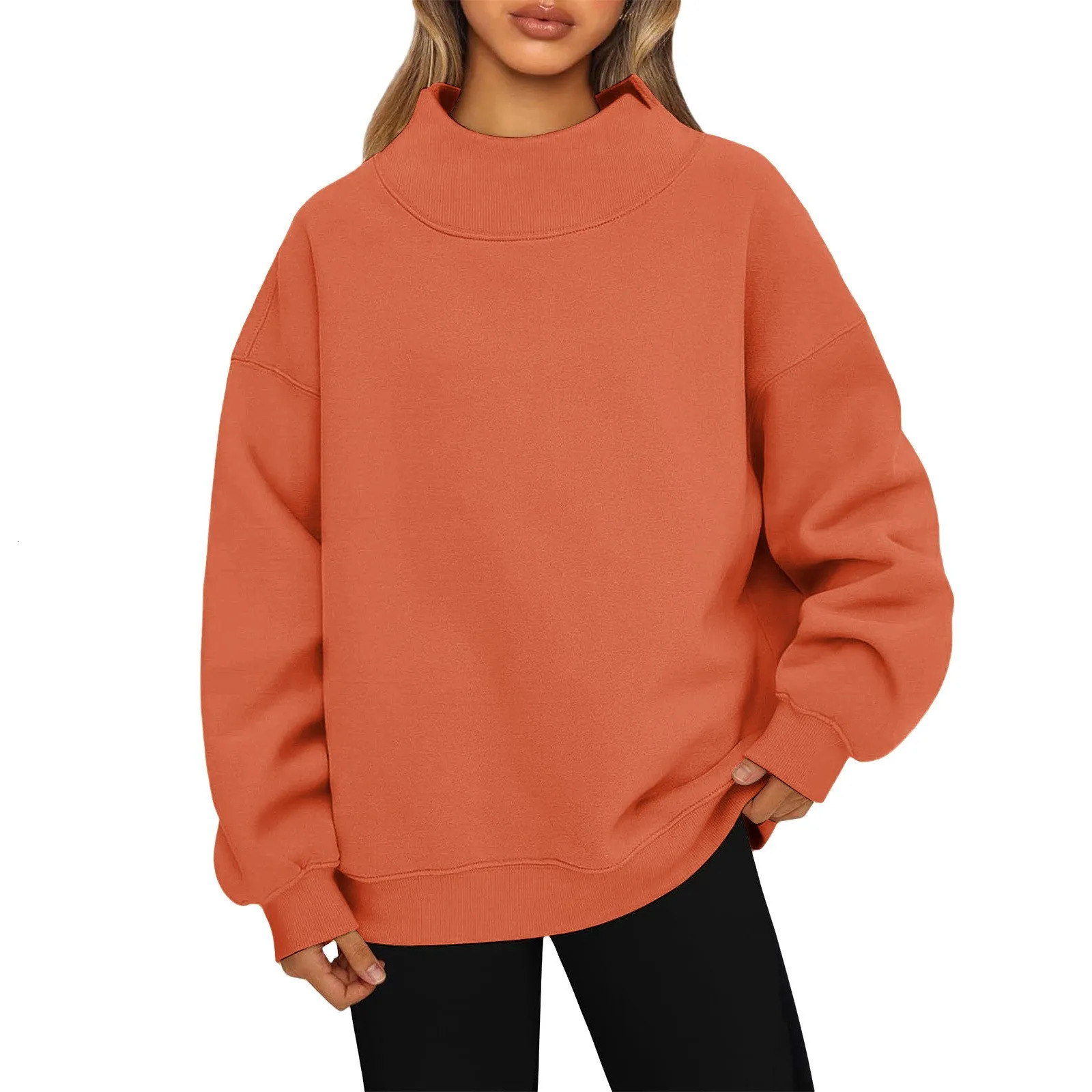 Fashionable Loose High Neck Long Sleeved Solid Color Hoodie for Lady Lazy Style Basic Casual Commuted Pullover Top 260126