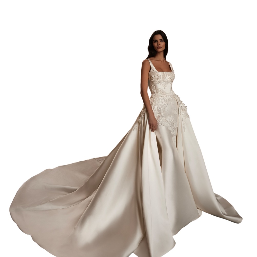 Simple 3D Flowers Wedding Dresses Pearls Spaghetti Straps Mermaid Bridal Gowns Detachable Train Sleeveless Customized Vestidos De Novia Plus Size