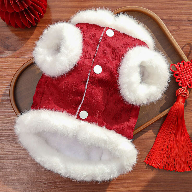 New Year Fleece-Lined Autumn Winter Chinese Style Jacquard Vest Thickened Pet Dog Cat Clothes Accessories Bichon Teddy
