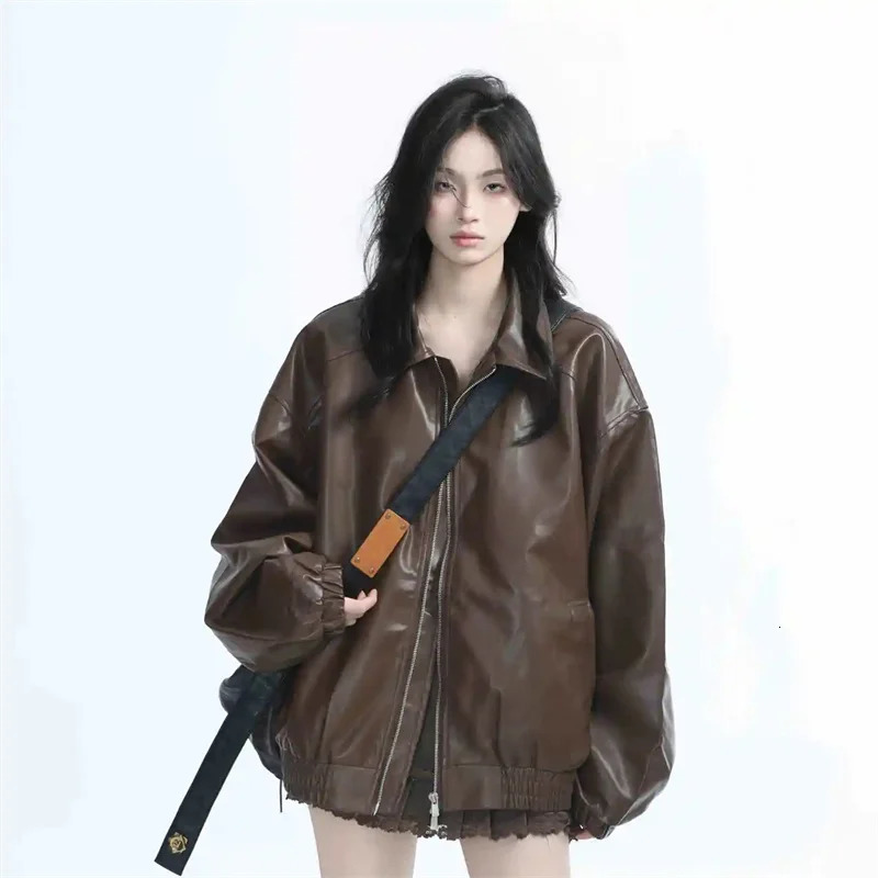 Retro Ladies Fashion Zipper Faux Leather Jacket Spring Autumn Women Long Sleeves Leather Coat 2025 Female PU Leather Outwear 260120