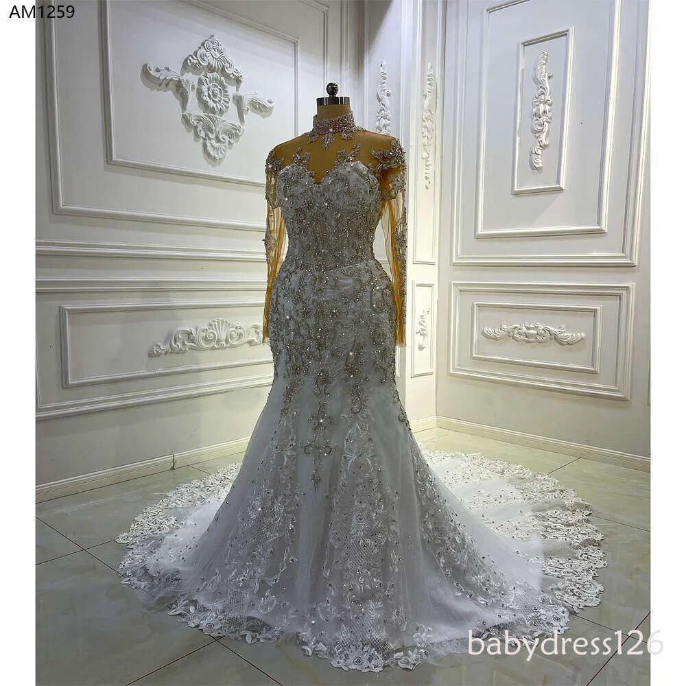 High Neck Lace Appliques Full Sleeves Wedding Dress