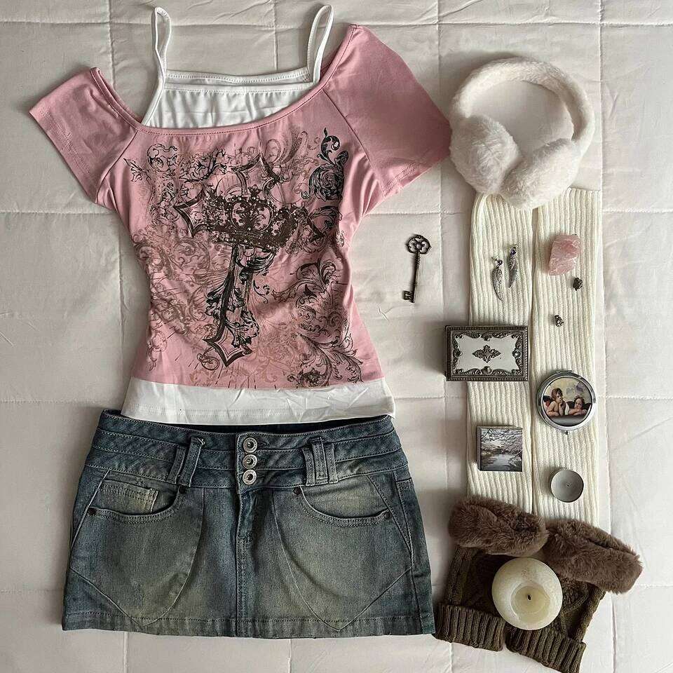 Y2k Women's Short Sleeved Top Harajuku Pink Printed Casual Fashion Street Sweet Sexy Millennium Style