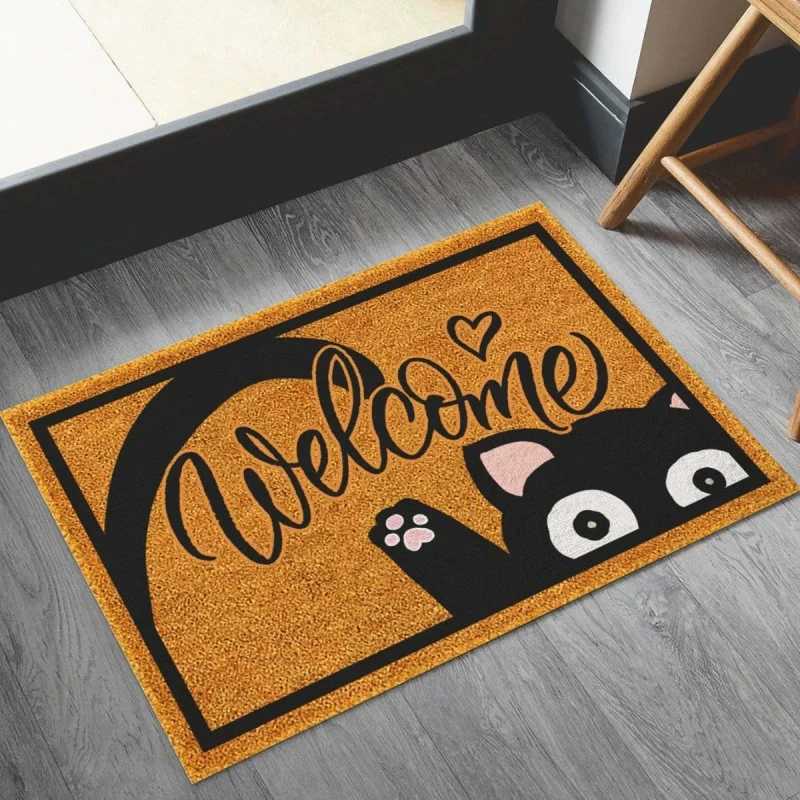 Natural Coir Welcome Doormat with Cute Black and White Cats Heart Design Non Slip Entryway Rug for Home Decor Indoor Outdoor S260207