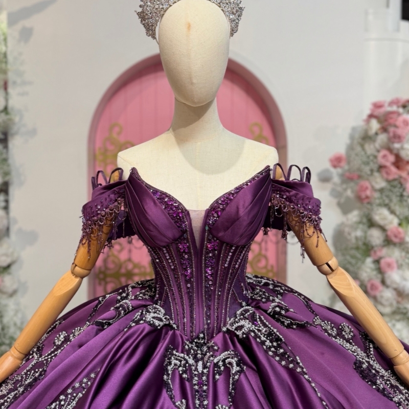 Purple Quinceanera Dresses Ball Gown Off The Shoulder Sequin Applique Lace Beading Crystal Bow Corset Sweet 16 Dress Vestidos 15 Anos