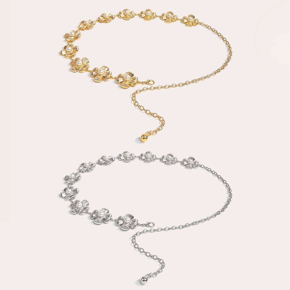 1pc Pearl Flower Metal Belt Women's Sweet Dress Waist Chain Versatile Accessory for Skirts And Dresses X260209