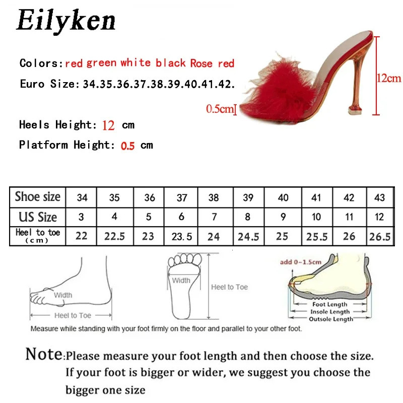 Eilyken Summer n Feather Faux Fur Women Slippers Sexy Square Toe Clear Crystal High Heels Shoes Party Prom Slides Sandals 260208