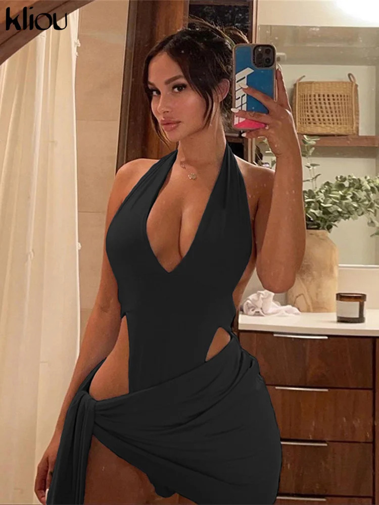 Kliou Solid Deep V sexy Two Piece Sets Midnight Club Halter Top And Skirt Backless Summer Partywear Hollow Out Ruched Women Set 260208