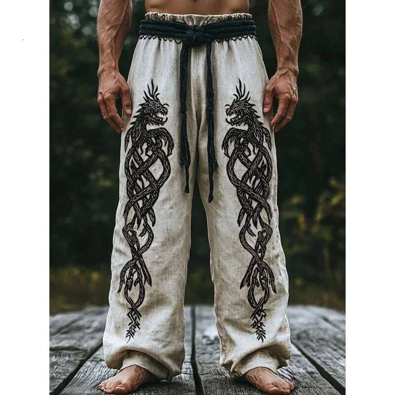NEW Men's Viking Retro North European Eagle Totem 3D Printed Casual Drawstring Straight Leg Summer Beach Pants