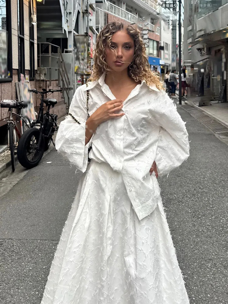 HH Women Tassel Sets White TurnDown Collar SingleBreasted ShirtsHigh Waist Zipper ALine Long Skirts Female Holiday Suit 250203