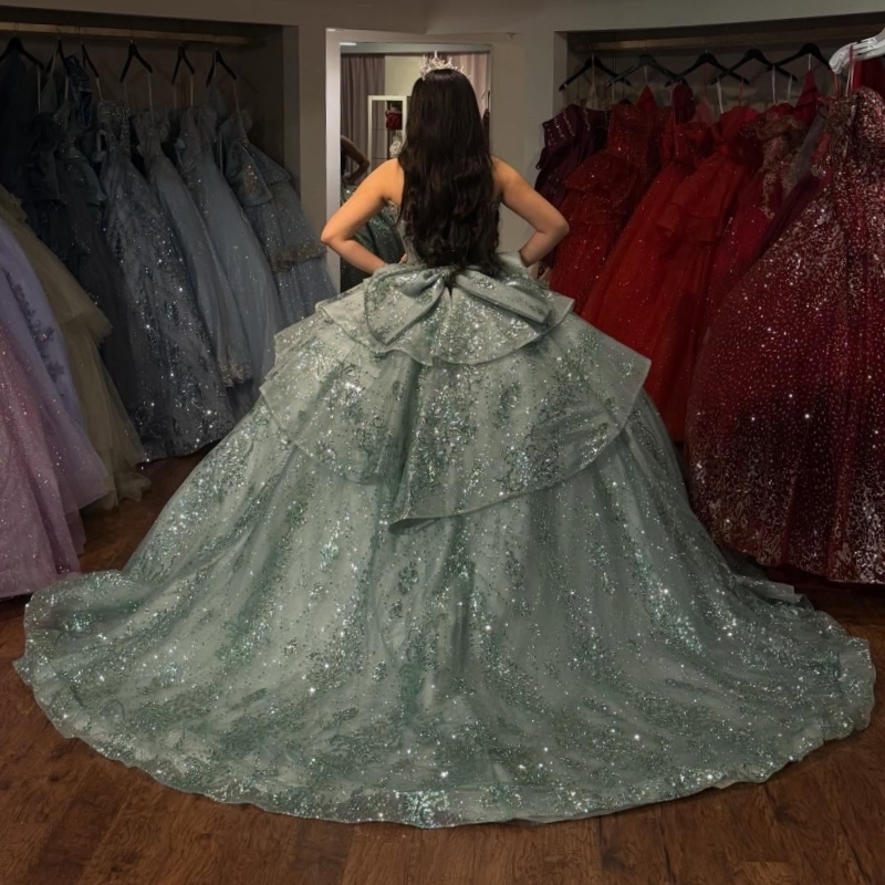 Light Green Shiny Quinceanera Dresses Ball Gown Off The Shoulder Sequin Applique Lace Beading Crystal Bow Tull Sweet 16 Dress Vestidos 15 De Anos