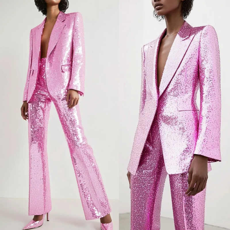 Sequined Women Pants Suits Slim Fit Ladies Sparkly Prom Birthday Party Formal Wear Outfit Hand Made 2 Pieces Customized