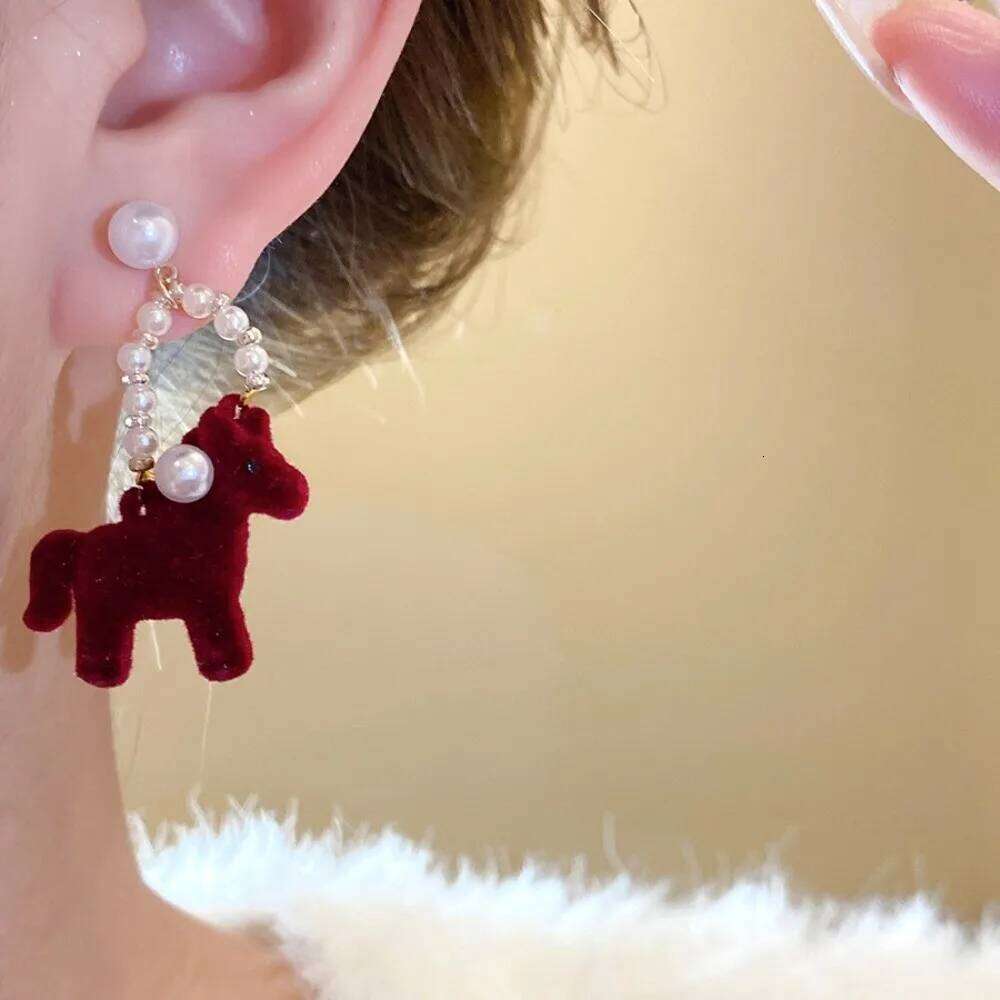Earrings Cartoon Chinese New Year Style Flocked Horse Mascot with Red Pony and Pearl Drop for Festival Party Jewellery Gift High Quality Texture