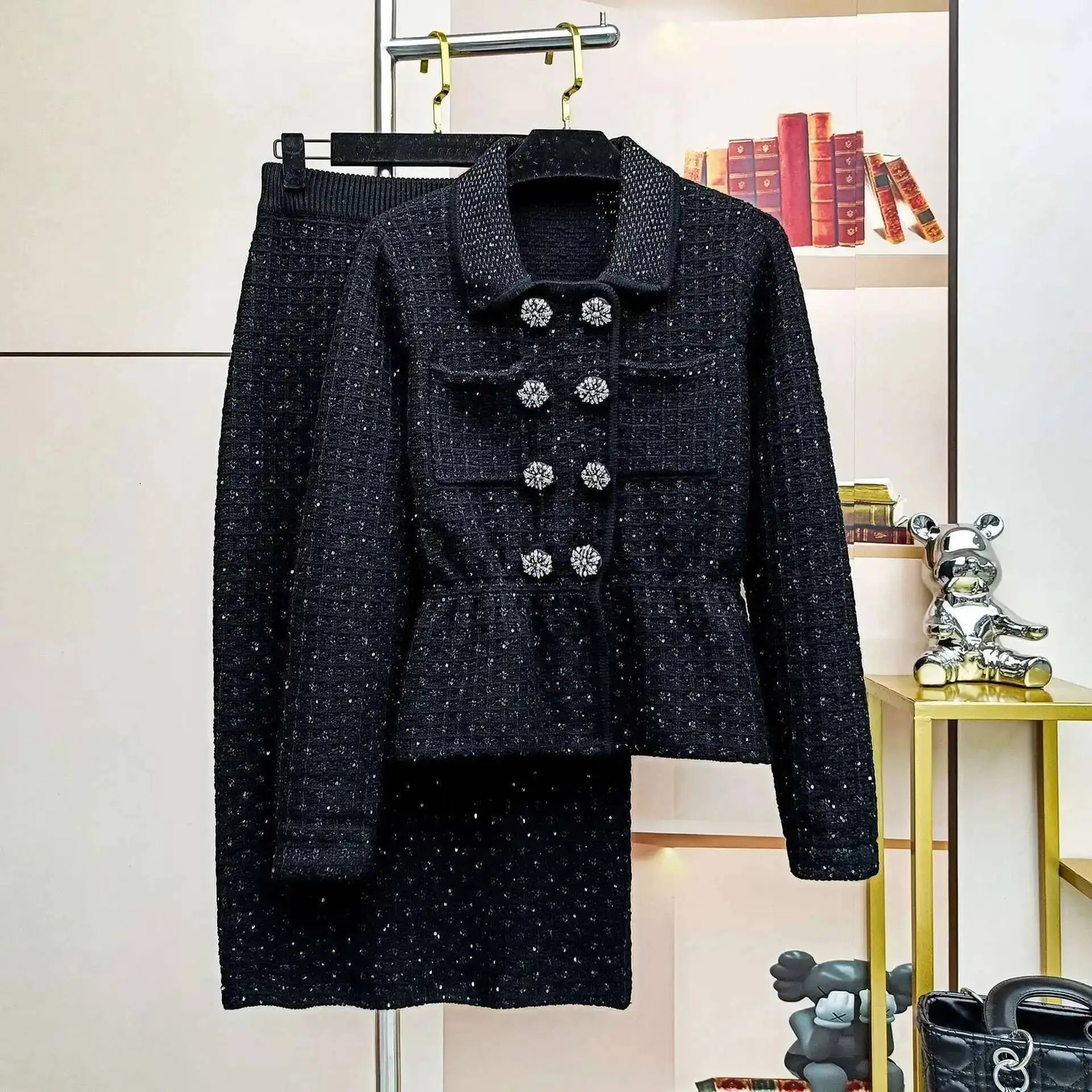 Autumn Double Breasted Diamonds Crystal Beading Knitted Cardigans Jackets Midi Long Pencil Skirts Women Two Piece Sets 260122