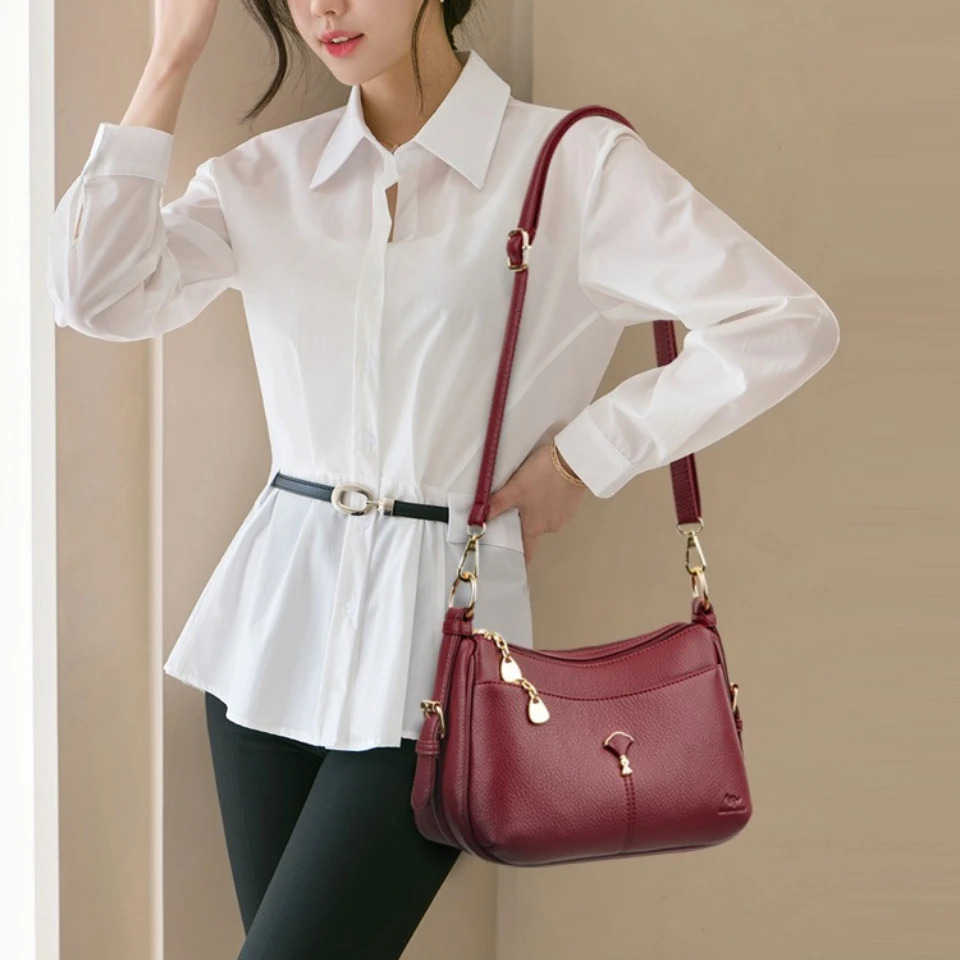 Genuine Purses and Handbags 2 Layers Soft PU Leather Tote Messenger Bag Shoulder Crossbody Bags for Women 260208