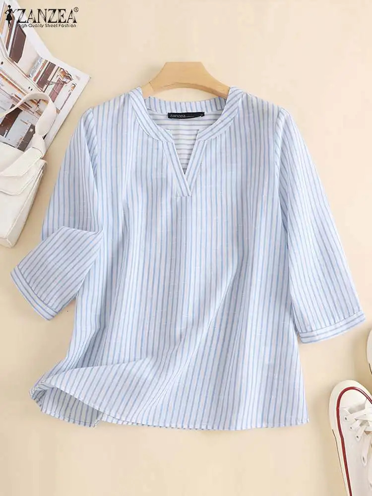 ZANZEA Women Elegant Summer Striped Shirt Autumn V Neck 34 Sleeve Blouse Fashion Casual OL Work Tops Female Party Blusas Mujer 260207