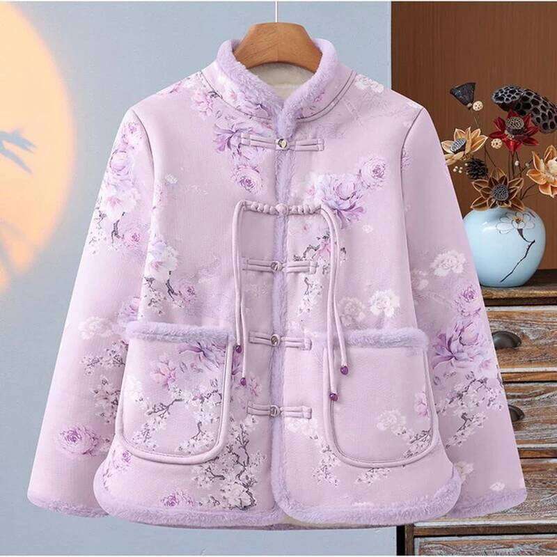 Mardi Hefxessdr New Chinese Style Cotton Coat Women Winter Floral Print Buckle Warm Fleece Lined Thick Tang Suit Jacket Vintage Qipao Outwear