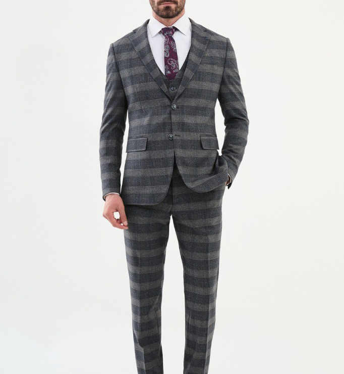 Classic Grid Men Suit 3 Pieces Jacket Pant Vest Peaked Lapel Single Breasted Casual Business Occasion Party Daily Wear Customized