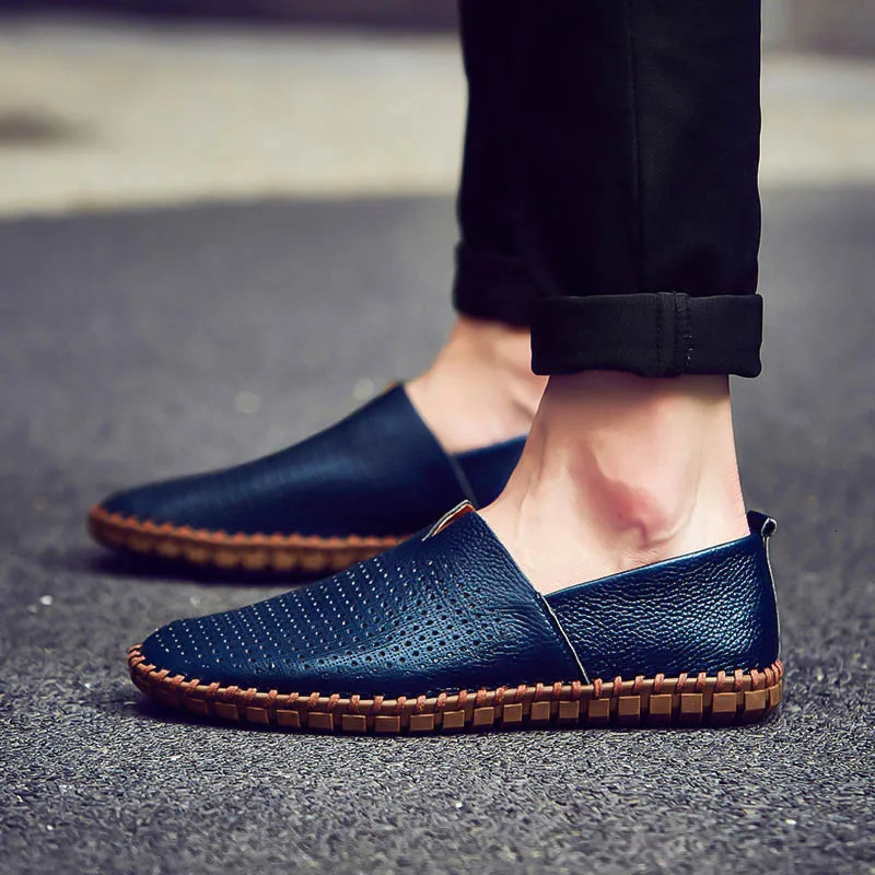 Summer Breathable Men Loafers Handmade Leather Mens Driving Shoes Flat Casual Soft 260126