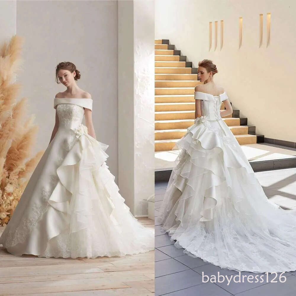 Custom Satin Ball Gown for Bridal, Dear Applique, Pleated Side, Tulle, Sweep Train, Backless Zipper, Wedding Dresses
