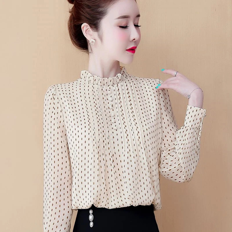 Women Spring Autumn Style Chiffon Blouses Shirts Lady Casual Long Sleeve ONeck Polka Dot Printed Blusas Tops DD8879 250203