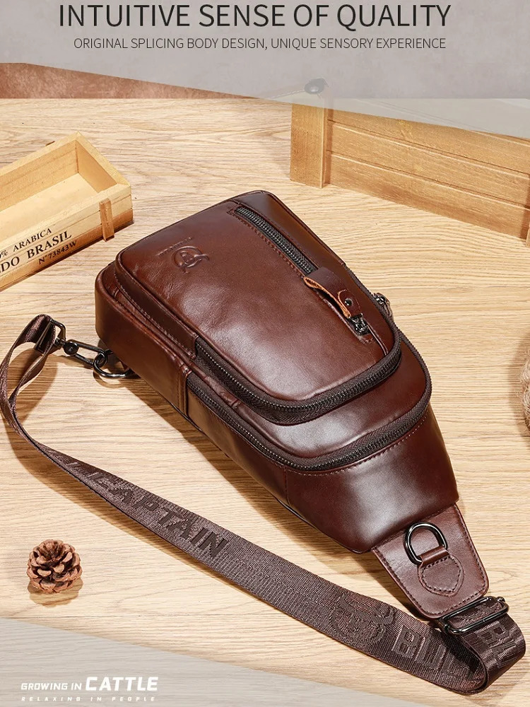 Mens genuine leather crossbody chest bag first layer cowhide fashionable multifunctional sports shoulder travel 260208