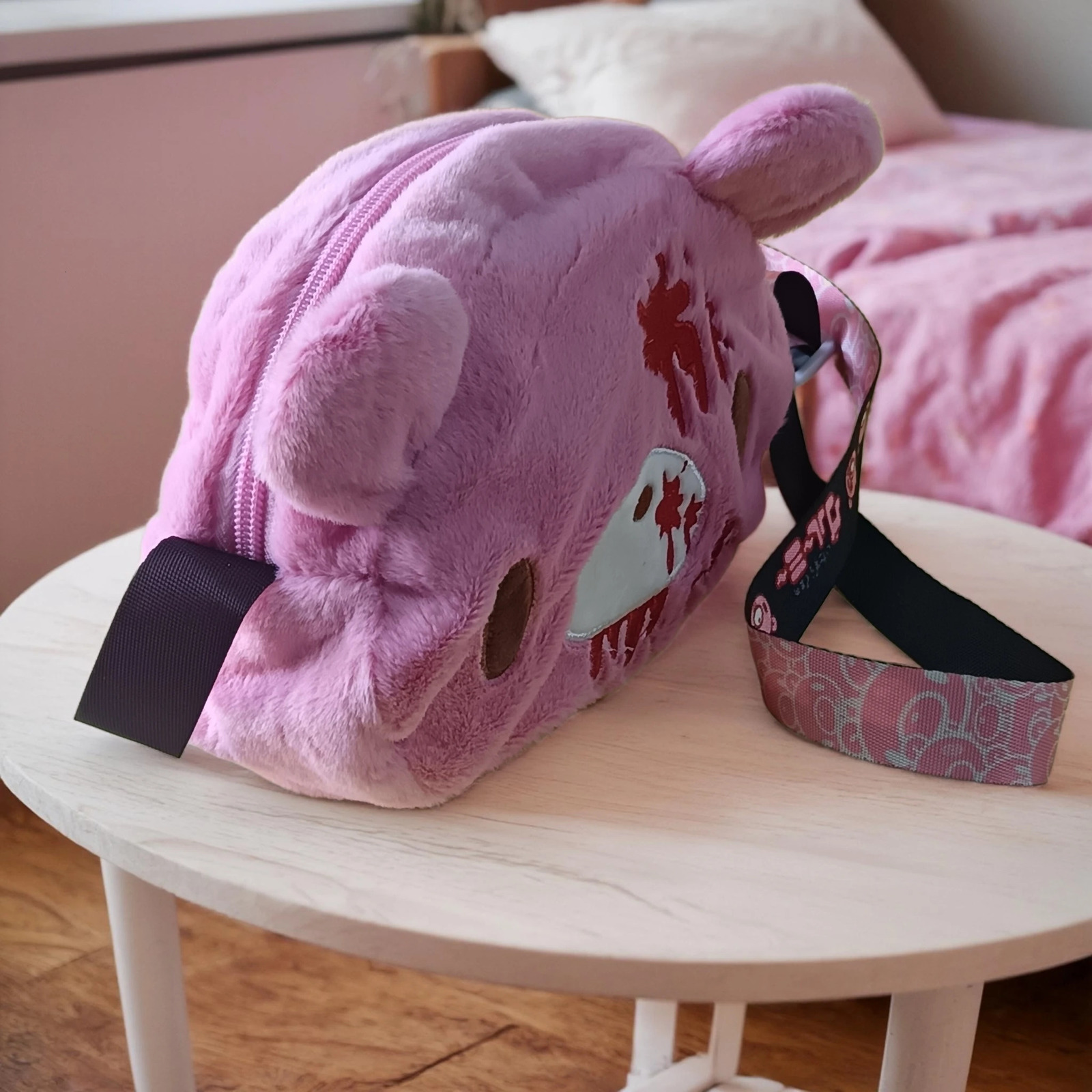 Gloomy Bear plush crossbody bag Pink cute edgy with blood splatter details A fun unique pick for fans 260208