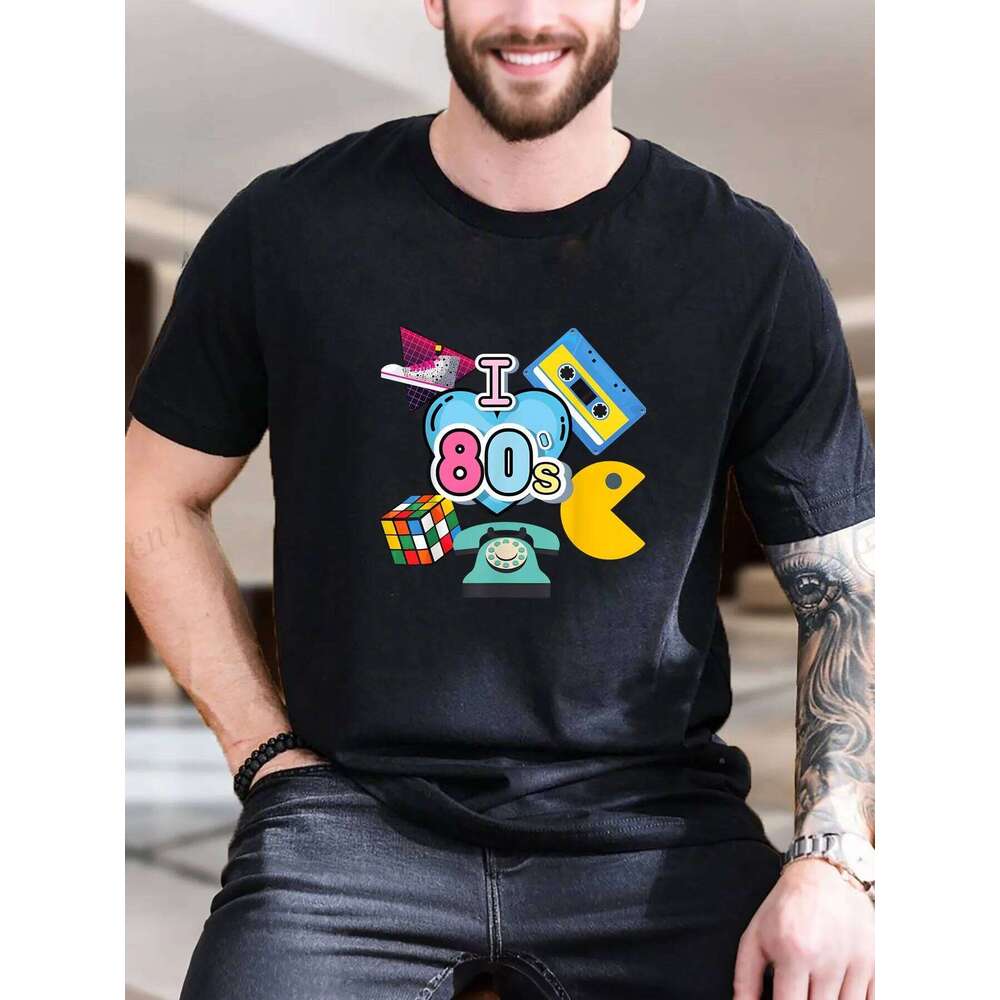 Men's Printed Short Sleeve T-Shirt - Trendy Phone Paco Design, 100% Cotton Soft Tee for Casual Wear, Breathable & Comfortable X260209