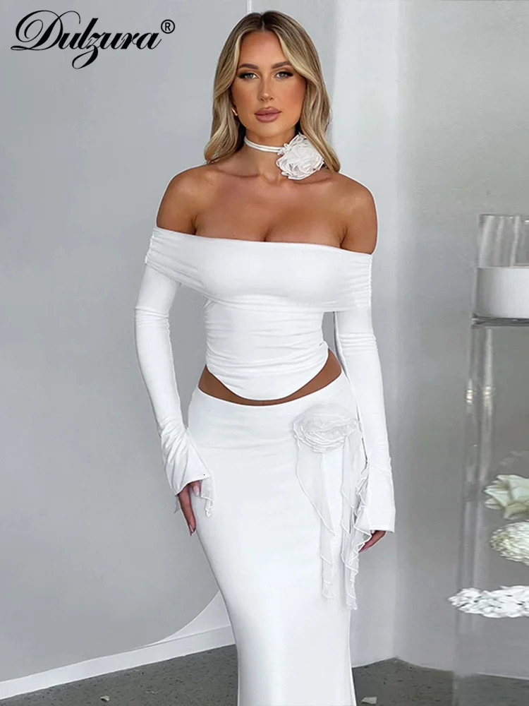 Dulzura Matching Suit Neck Accessories 3D Flower Off Shoulder Long Trumpet Sleeves Crop Top Tassel Maxi Skirt Autumn Women 260208