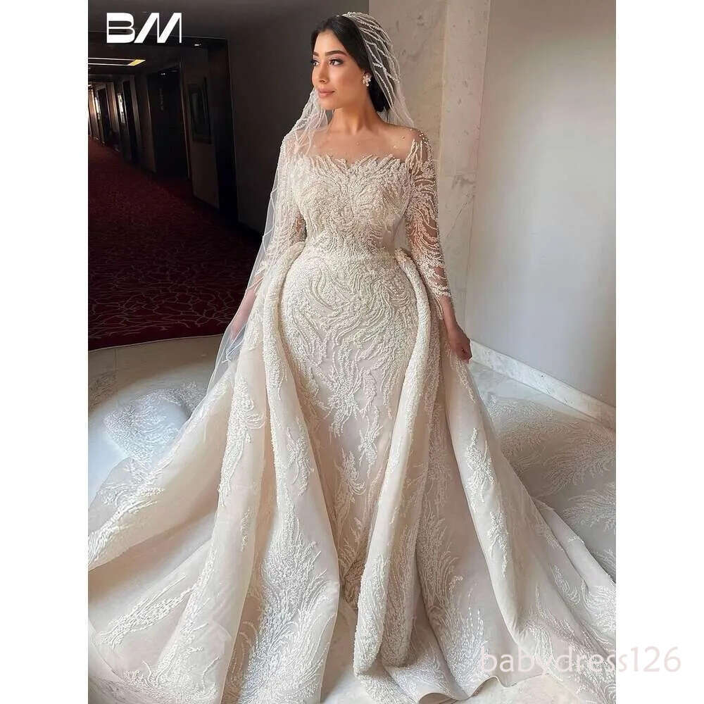 Illusion Long Sleeve Gown Beaded Mermaid Bride Dresses For Women Sequins Wedding Dress Vestidos De Novia