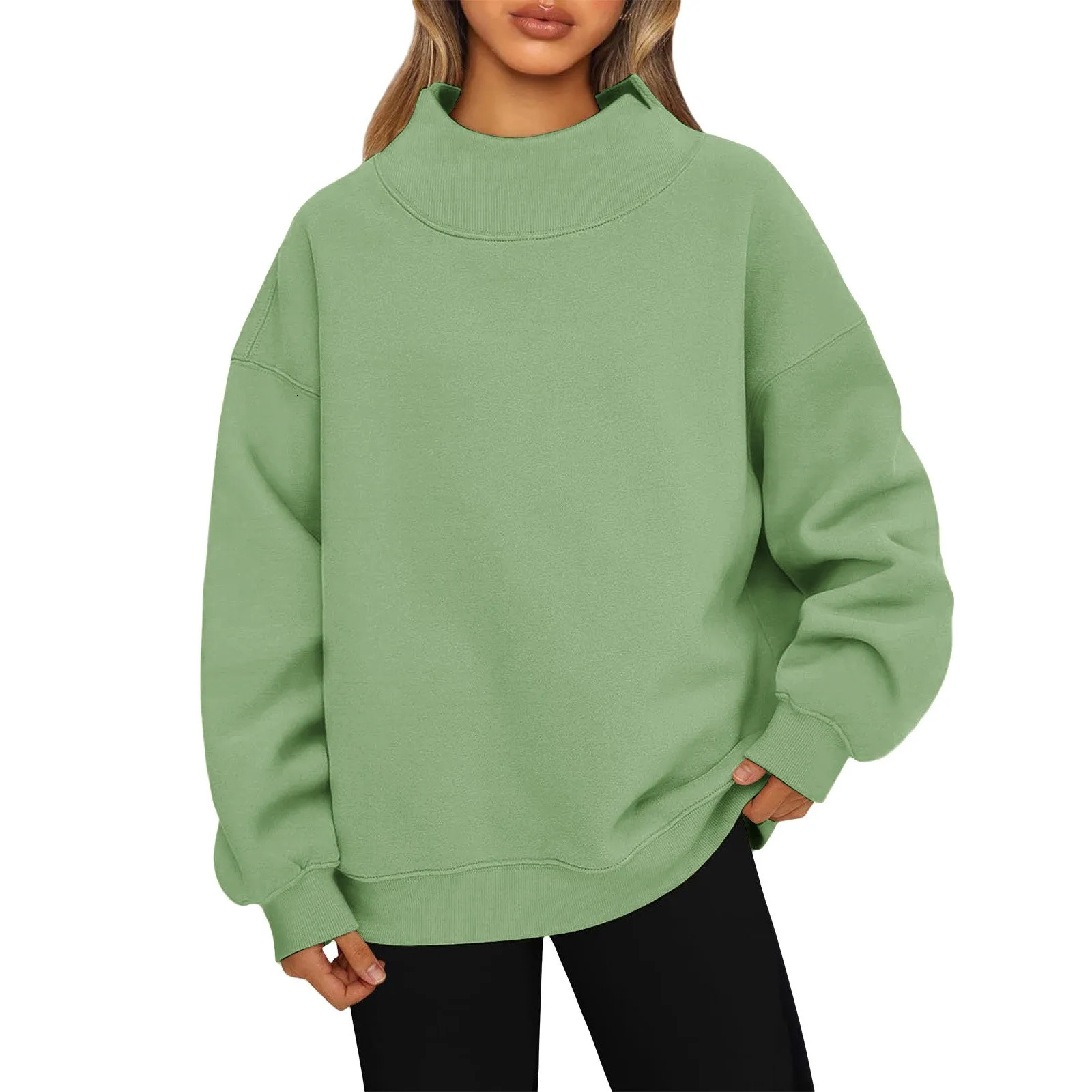 Fashionable Loose High Neck Long Sleeved Solid Color Hoodie for Lady Lazy Style Basic Casual Commuted Pullover Top 260126