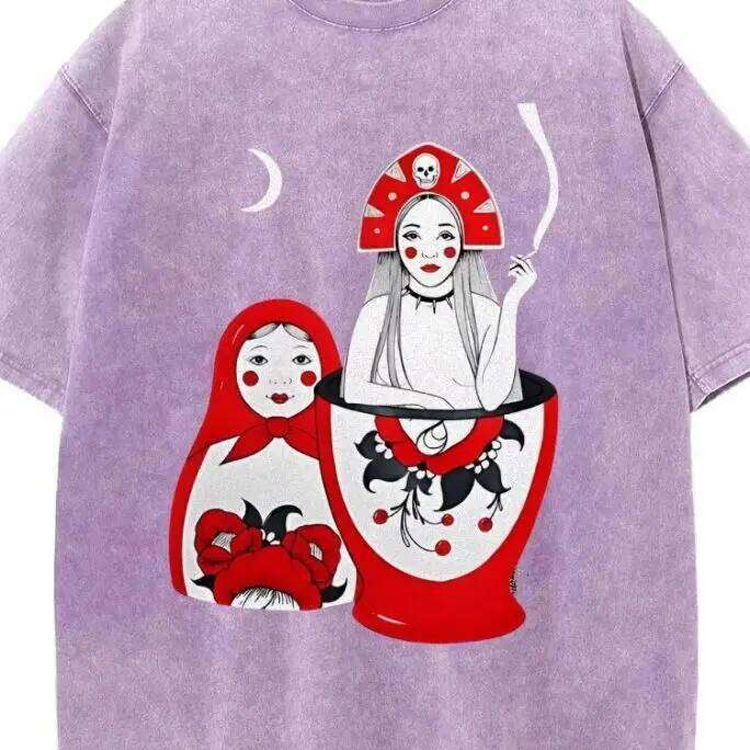 Russian Doll Pattern, Style, Y2k Graphic Tee, Women's Oversized T-Shirt, Cute Hand-Painted Bunny, Korean Style Art, Summer X260209