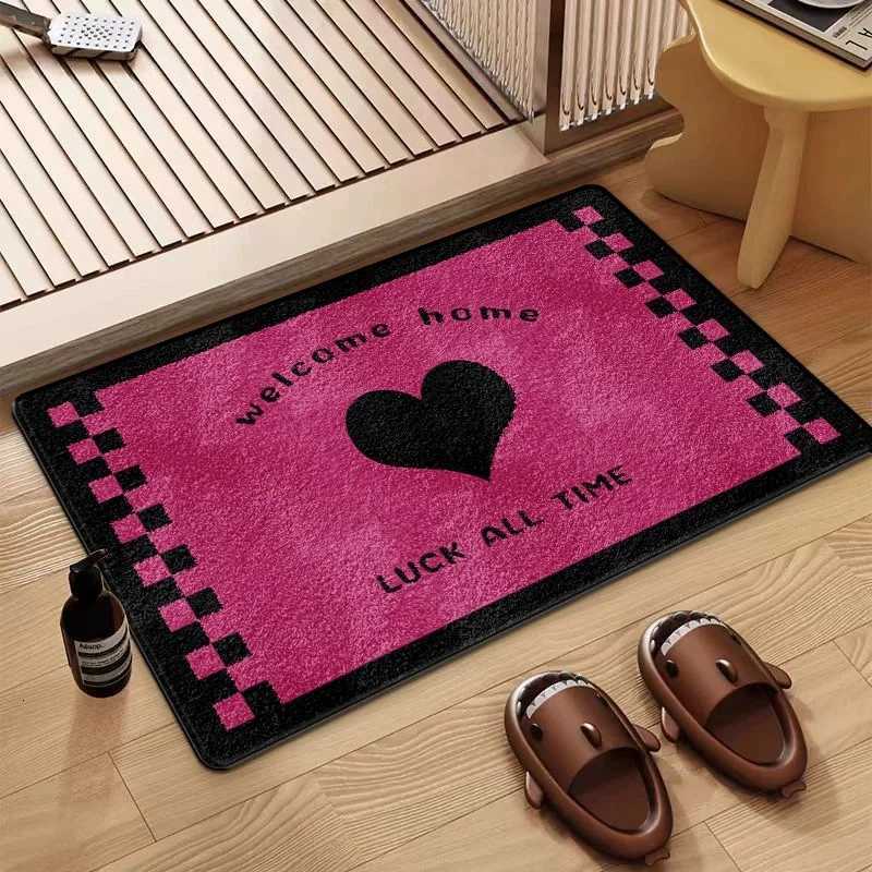 1pc Black Checkered Border with Pink Heart Welcome Mat Non Slip Entryway Rug for Living Room Indoor Outdoor Floor Mat Decor S260207